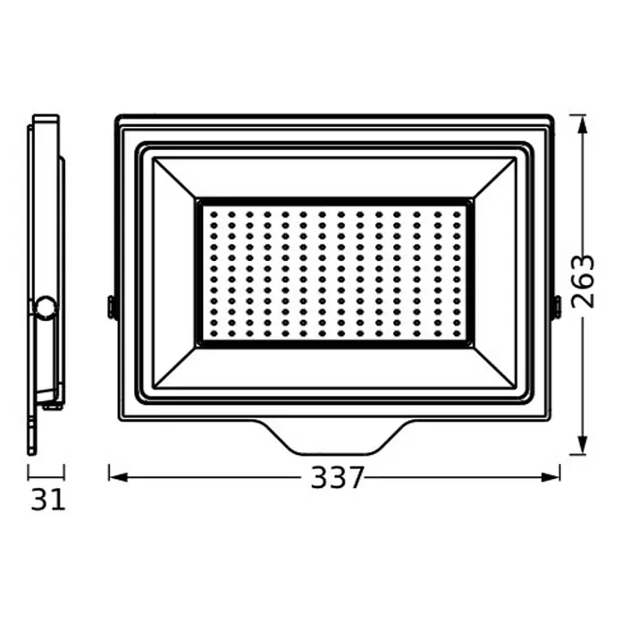 Ledvance Essential LED-Deckenleuchte - 1.580 W, L x B x H: 33,7 x 3,1 x 26,3 cm, Schwarz, Kaltweiß - Abmessungen des LED-Flutlichts mit einer Breite von 337 mm, einer Höhe von 263 mm und einer Tiefe von 31 mm. Detailgenaue technische Zeichnung.
