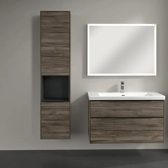 Villeroy & Boch Subway 3.0 Hochschrank - B x T x H: 40 x 36,2 x 171 cm, 1x offenes Fach, 2x Tür, Stone Oak, Farbe Griff: Volcano black, DIN Anschlag: Links - Modernes Badezimmerensemble mit Waschtischunterschrank in Holzoptik, Spiegelschrank und Hochschrank. Stilvolles Design für ein zeitgemäßes Bad.