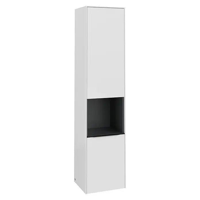 Villeroy & Boch Subway 3.0 Hochschrank - B x T x H: 40 x 36,2 x 171 cm, 1x offenes Fach, 2x Tür, Brilliant White, Farbe Griff: Volcano black, DIN Anschlag: Links - Weißes Sideboard mit offenem schwarzem Fach in der Mitte. Das Möbelstück ist schlicht, modern und minimalistisch designt.