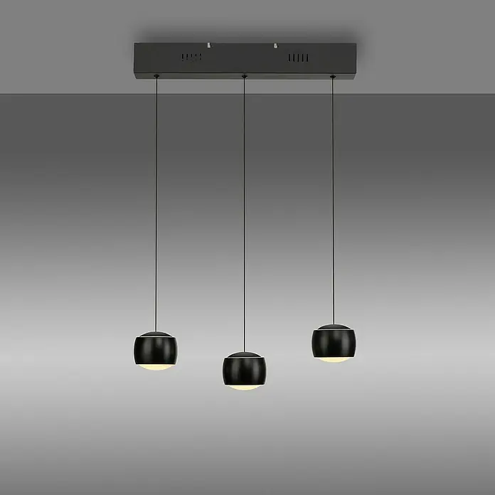 Just Light Lámpara colgante LED Vidrio - 15 W, L x An x Al: 10 x 60 x 220 cm, Negro - Lámpara colgante moderna con tres pantallas negras cilíndricas y luz blanca cálida, ideal para comedores.