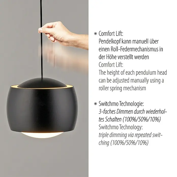 Just Light LED-Pendelleuchte Ballini - 15 W, L x B x H: 10 x 60 x 220 cm, Schwarz - Schwarze Pendelleuchte mit Comfort Lift und Switchmo Technologie für dreifaches Dimmen.