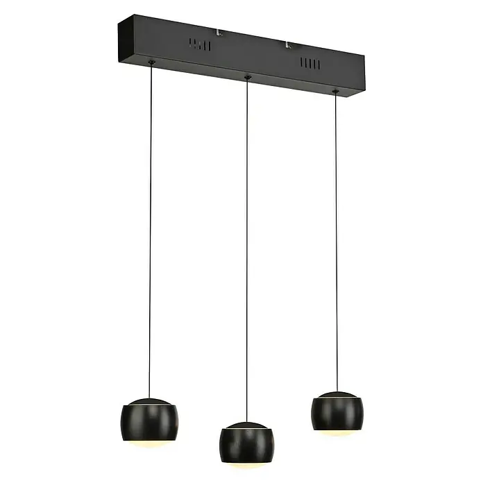 Just Light LED-Pendelleuchte Ballini - 15 W, L x B x H: 10 x 60 x 220 cm, Schwarz - Eine schwarze Dreifach-Pendelleuchte mit modernen kugelförmigen Lampenschirmen, die warmes Licht ausstrahlen. Elegantes Design für jeden Raum.
