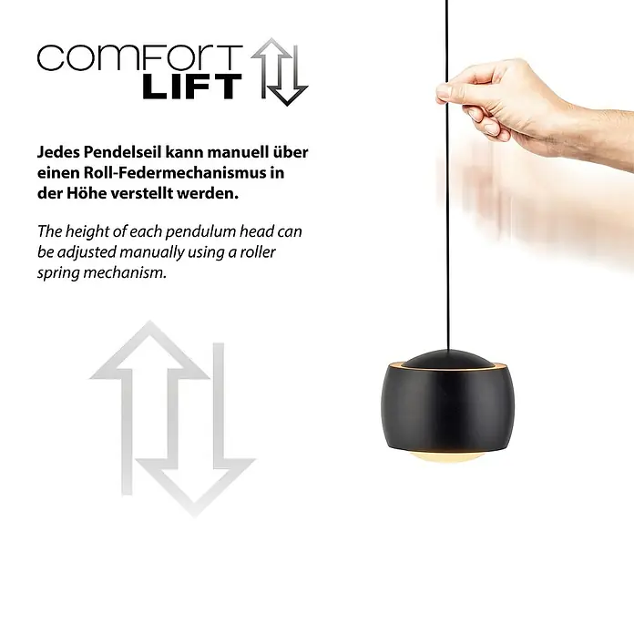 Just Light LED-Pendelleuchte Ballini - 15 W, L x B x H: 10 x 60 x 220 cm, Schwarz - Diese Abbildung zeigt eine moderne, schwarze Hängeleuchte mit einem goldenen Akzent, die durch einen "Comfort Lift" Mechanismus höhenverstellbar ist.