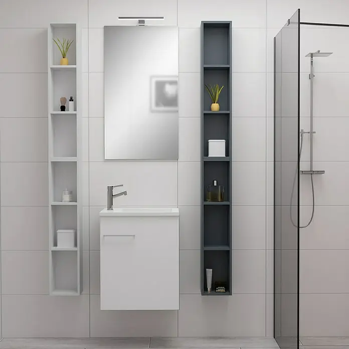 Camargue Espacio Badmöbel-Set H51 - 90 cm, Mira - Modernes Badezimmer mit Waschbeckenunterschrank, Spiegelschrank und Regalen in Weiß und Anthrazit für stilvolle Badgestaltung.