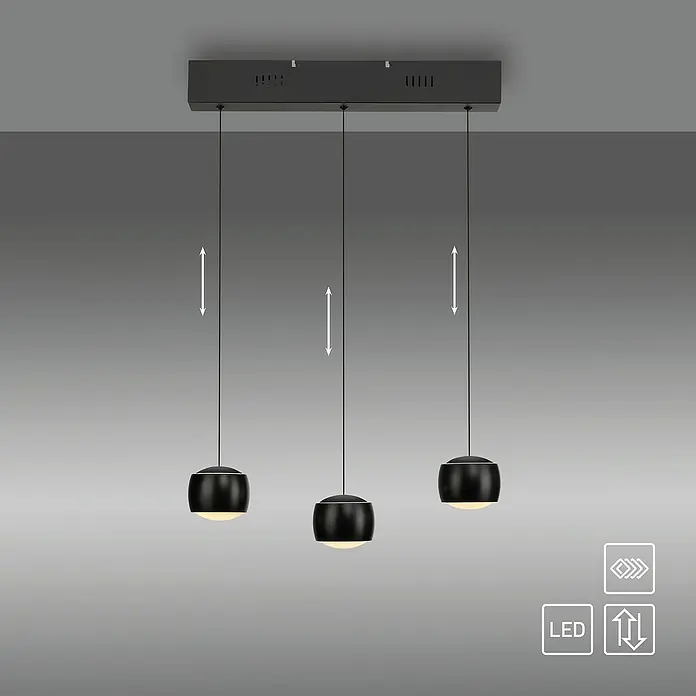 Just Light LED-Pendelleuchte Ballini - 15 W, L x B x H: 10 x 60 x 220 cm, Schwarz - Elegante LED-Hängeleuchte mit drei Lampen. Die Lampen sind höhenverstellbar und sorgen für eine angenehme Beleuchtung im Raum.