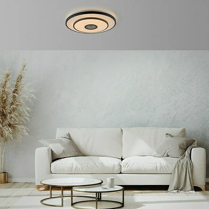 Just Light LED-Deckenleuchte rund Turanus - 25 W, Ø x H: 50 x 8 cm, Schwarz, Warmweiß - Moderne Deckenleuchte mit drei Ringen und Sternenmuster, die eine stilvolle Beleuchtung für jeden Raum bietet.