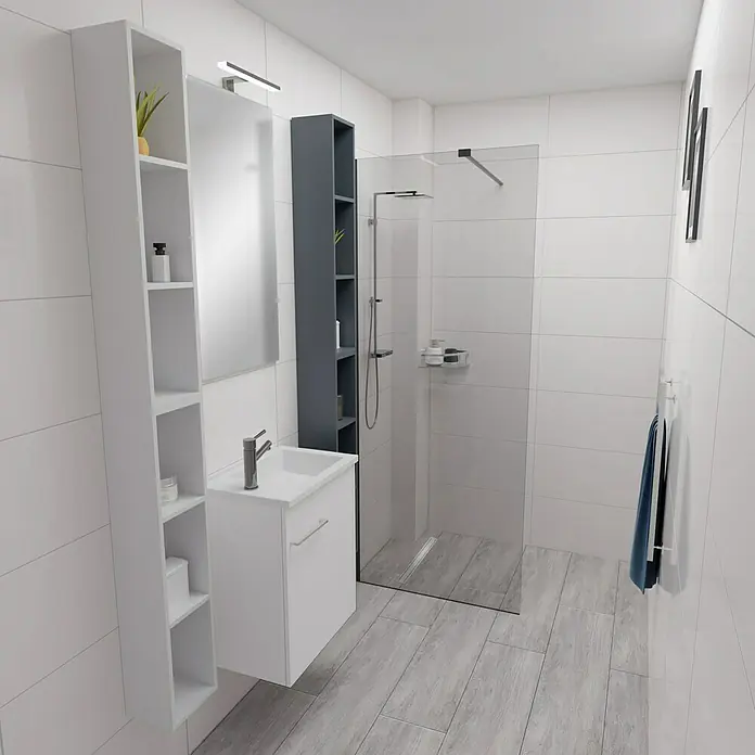 Camargue Espacio Badmöbel-Set H51 - 90 cm, Mira - Modernes Badezimmer-Interieur mit weißem Waschtisch, Spiegelschrank und begehbarer Dusche. Die grauen Akzente und Fliesen sorgen für ein elegantes Ambiente.