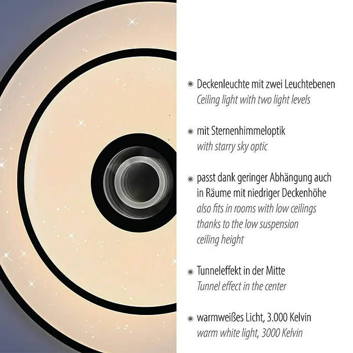 Just Light LED-Deckenleuchte rund Turanus - 25 W, Ø x H: 50 x 8 cm, Schwarz, Warmweiß - Deckenleuchte mit zwei Ebenen und Sternenhimmeloptik. Das warmweiße Licht sorgt für eine angenehme Atmosphäre.