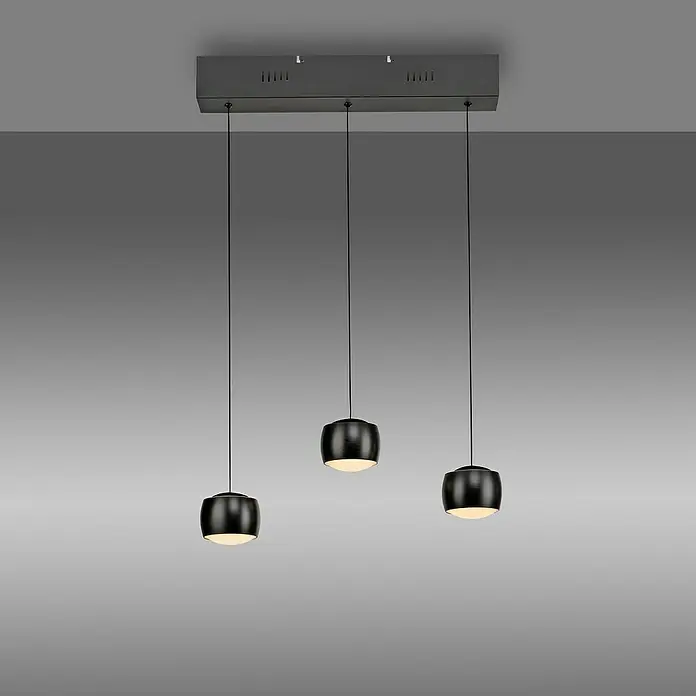 Just Light LED-Pendelleuchte Ballini - 15 W, L x B x H: 10 x 60 x 220 cm, Schwarz - Ein modernes Pendelleuchten-Set mit drei zylindrischen Lampen in Schwarz, die von einer rechteckigen Halterung hängen. Elegante Beleuchtung für jeden Raum.