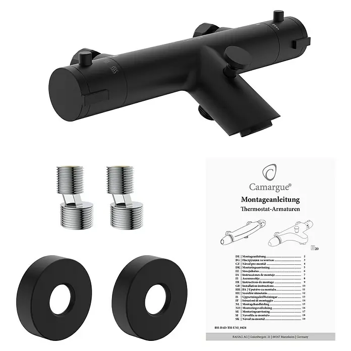 Camargue Badewannenarmatur Zapo - Ausladung Armatur: 165 mm, Schwarz, Matt - Bild eines Camargue Thermostat-Wasserhahns mit Montageanleitung und Zubehör.