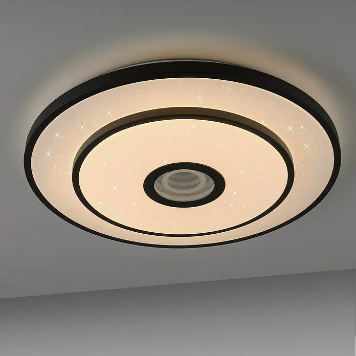 Just Light LED-Deckenleuchte rund Turanus - 25 W, Ø x H: 50 x 8 cm, Schwarz, Warmweiß - Diese Deckenleuchte besticht durch ihr modernes Design mit konzentrischen Kreisen und Sternenmuster für ein angenehmes Ambiente.