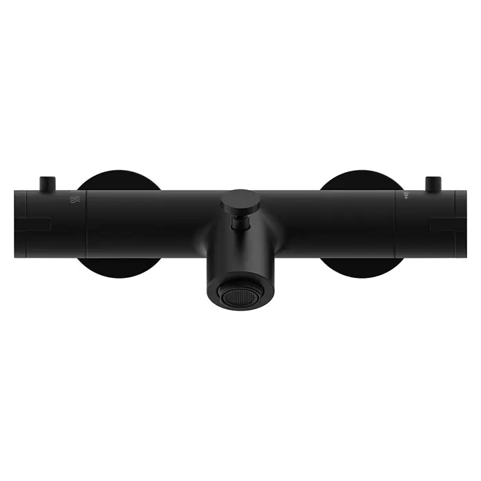 Camargue Badewannenarmatur Zapo - Ausladung Armatur: 165 mm, Schwarz, Matt - Das Bild zeigt eine moderne, mattschwarze Waschtischarmatur mit zwei runden Drehgriffen und einem zentralen Auslauf, stilvoll und funktional.