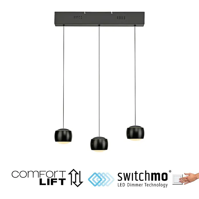 Just Light LED-Pendelleuchte Ballini - 15 W, L x B x H: 10 x 60 x 220 cm, Schwarz - Nahaufnahme einer modernen, schwarzen LED-Hängeleuchte mit drei Lampen und Dimmfunktion.