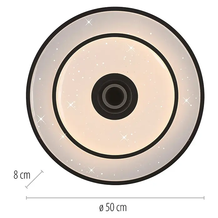 Just Light LED-Deckenleuchte rund Turanus - 25 W, Ø x H: 50 x 8 cm, Schwarz, Warmweiß - Nahaufnahme einer runden Deckenleuchte mit Sternenmuster und Maßangaben.