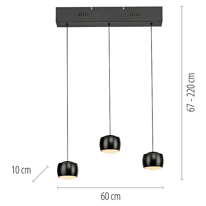 Just Light LED-Pendelleuchte Ballini - 15 W, L x B x H: 10 x 60 x 220 cm, Schwarz - Nahaufnahme der Hängeleuchte mit drei Lampen und Maßangaben zur Größe.