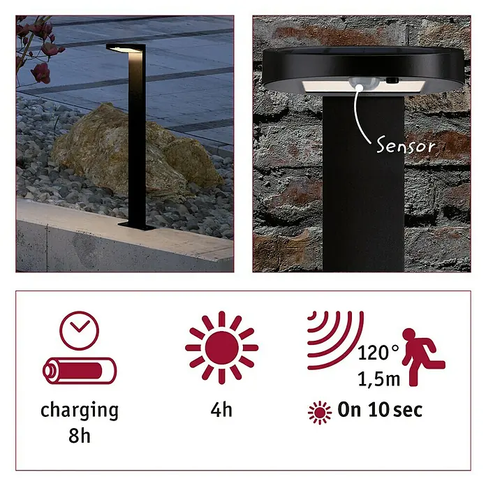 Paulmann Solar-Sockelleuchte Ryse - Anthrazit, Höhe: 79,6 cm, Warmweiß - Abbildung einer modernen Solarleuchte für den Außenbereich mit Sensor und technischen Daten zur Ladezeit und Reichweite.
