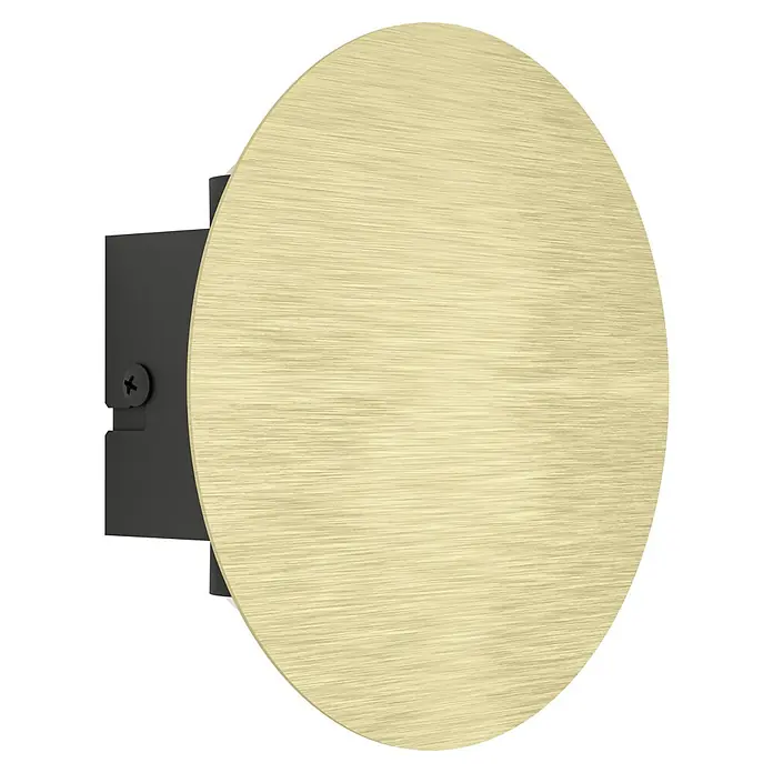 Eglo Talamello LED-Wandleuchte rund - 4 W, Ø x H: 15 x 4 cm, Gold, Warmweiß - Nahaufnahme einer runden, goldenen Wandleuchte mit gebürsteter Oberfläche und einer schwarzen Halterung.
