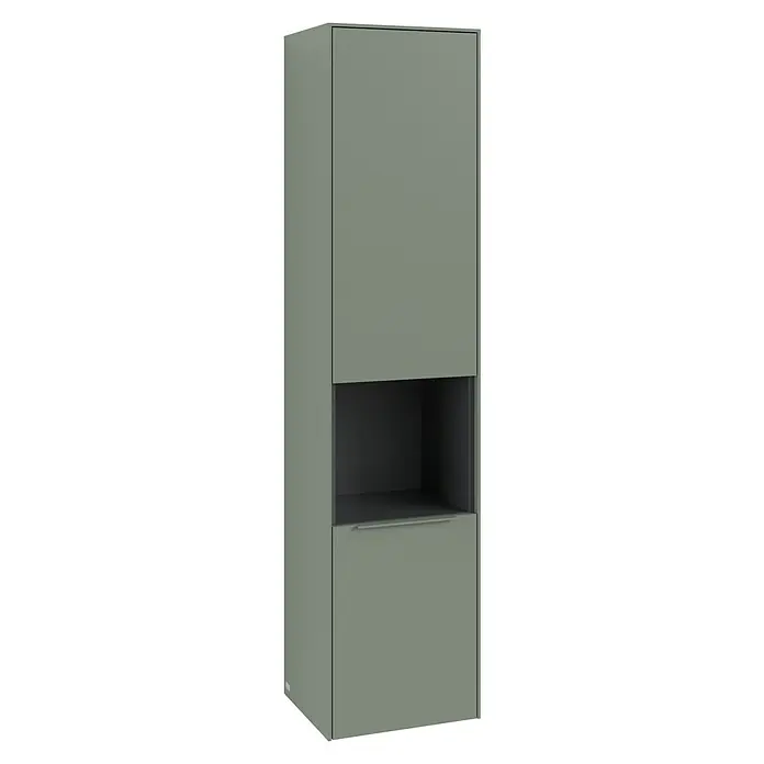 Villeroy & Boch Subway 3.0 Hochschrank - B x T x H: 40 x 36,2 x 171 cm, 1x offenes Fach, 2x Tür, Soft Green, Farbe Griff: Soft Green, DIN Anschlag: Links - Hochformatiger Badschrank in einem gedämpften Grünton mit offenem Fach in der Mitte, ideal für stilvolle Badezimmeraufbewahrung.