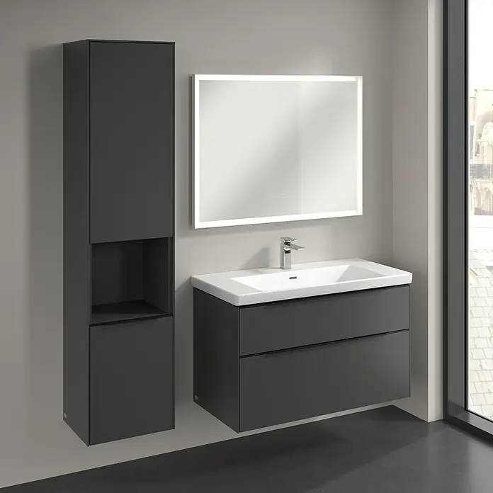 Villeroy & Boch Subway 3.0 Hochschrank - B x T x H: 40 x 36,2 x 171 cm, 1x offenes Fach, 2x Tür, Graphite, Farbe Griff: Graphite, DIN Anschlag: Links - Elegantes Badezimmer-Set in Anthrazit mit Waschtischunterschrank, Spiegelschrank und Hochschrank für ein modernes Badambiente.