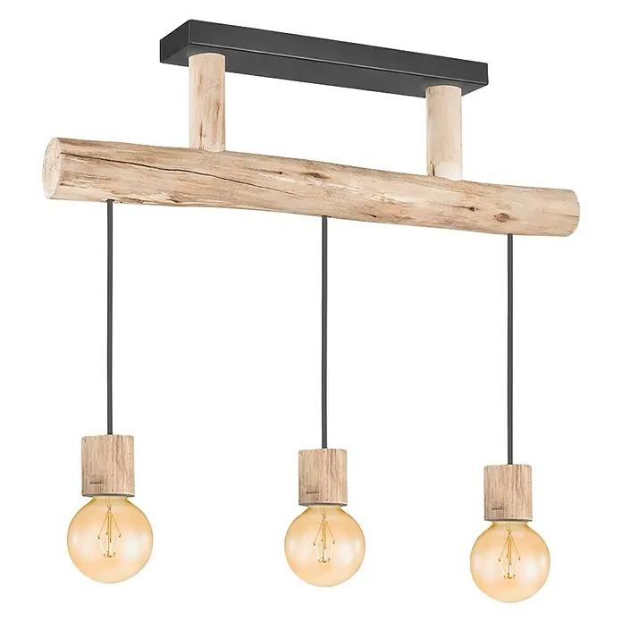 Home Sweet Home Pendelleuchte Billy - Höhe: 127 cm - Rustikale Hängeleuchte mit drei Edison-Glühbirnen und Holzbalkenaufhängung für ein warmes, einladendes Ambiente im Wohnraum.