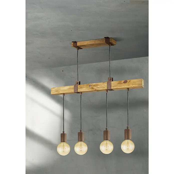 Home Sweet Home Pendelleuchte Denton - Höhe: 70 cm - Eine rustikale Hängelampe mit Holzbalken und vier Edison-Glühbirnen, die einen warmen Schein erzeugt. Ideal für Wohn- und Esszimmer.