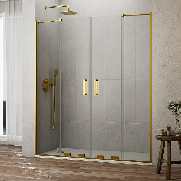 GME Mampara de ducha frontal Kenna - 161 x 195 cm, Espesor de vidrio: 8 mm, Oro - Elegante ducha con detalles dorados. La mampara de ducha destaca por su diseño moderno y materiales de alta calidad.