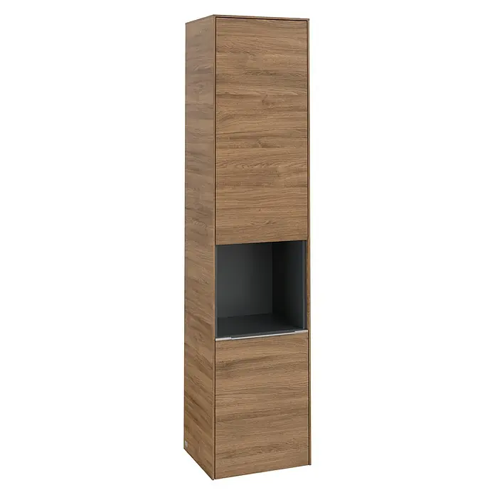 Villeroy & Boch Subway 3.0 Hochschrank - B x T x H: 40 x 36,2 x 171 cm, 1x offenes Fach, 2x Tür, Kansas Oak, Farbe Griff: Aluminium glänzend, DIN Anschlag: Rechts - Ein hoher Holzschrank mit einem offenen Fach in der Mitte, perfekt für Badezimmer oder Wohnräume, bietet viel Stauraum und modernes Design.