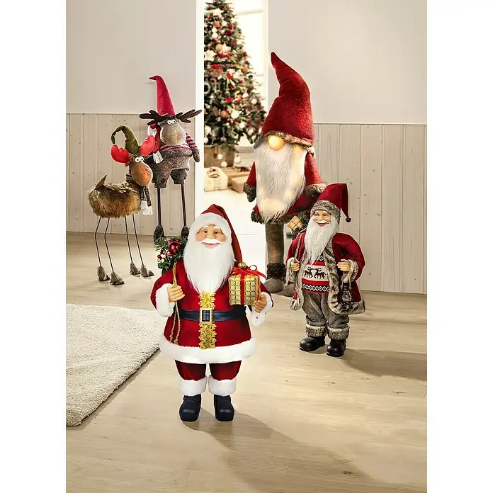 Weihnachtsmann mit Geschenk und Tanne - Höhe: 60 cm, Rot, Weiß, Mit Tannenausschnitt - Festliche Weihnachtsdekoration mit Santa Claus, Rentieren und einem leuchtenden Weihnachtswichtel für eine stimmungsvolle Atmosphäre.
