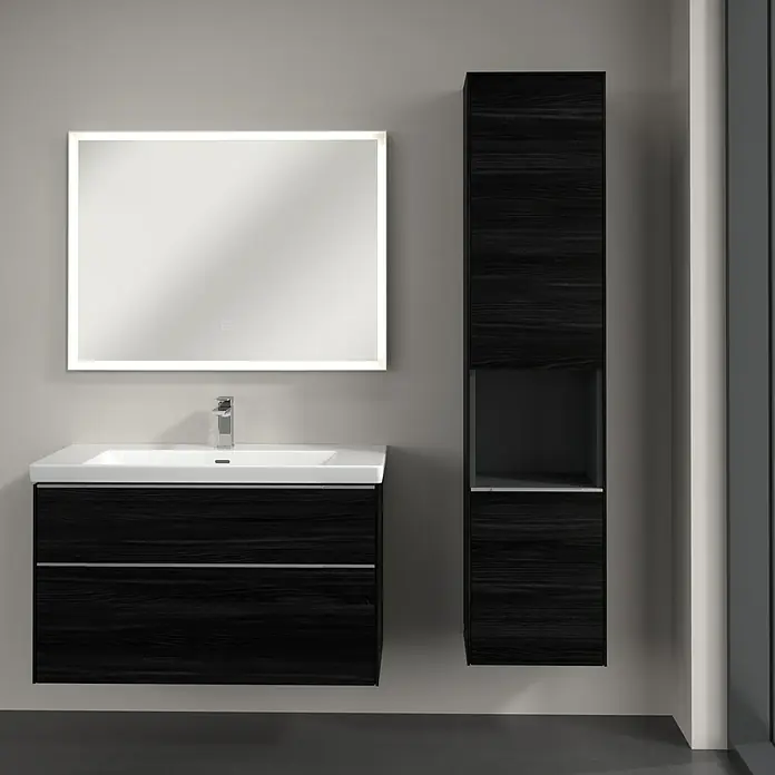 Villeroy & Boch Subway 3.0 Hochschrank - B x T x H: 40 x 36,2 x 171 cm, 1x offenes Fach, 2x Tür, Black Oak, Farbe Griff: Aluminium glänzend, DIN Anschlag: Rechts - Modernes Badezimmer-Set mit Waschbeckenunterschrank, Spiegelschrank mit Beleuchtung und Hochschrank in dunkler Holzoptik für ein stilvolles Ambiente.