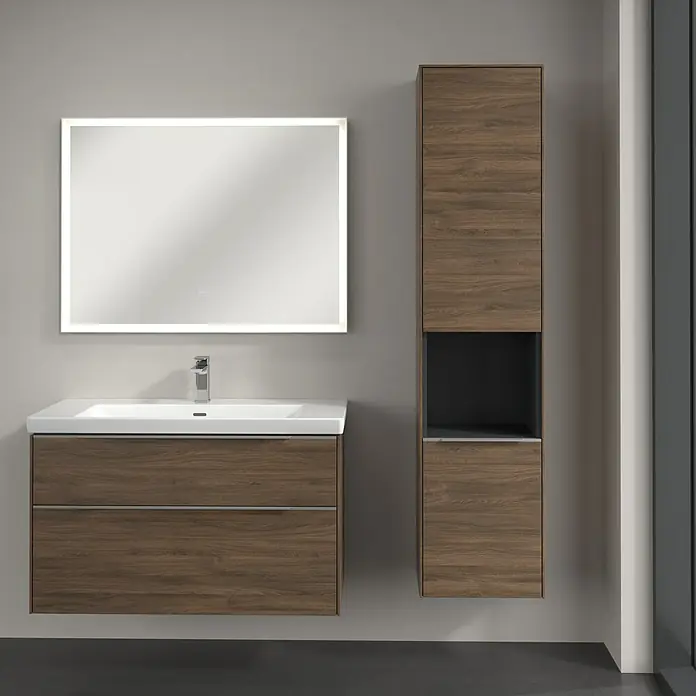 Villeroy & Boch Subway 3.0 Hochschrank - B x T x H: 40 x 36,2 x 171 cm, 1x offenes Fach, 2x Tür, Arizona Oak, Farbe Griff: Aluminium glänzend, DIN Anschlag: Rechts - Modernes Badezimmer-Set mit Waschtischunterschrank in Holzoptik, Aufsatzwaschbecken und beleuchtetem Spiegel. Dazu ein Hochschrank im gleichen Design.