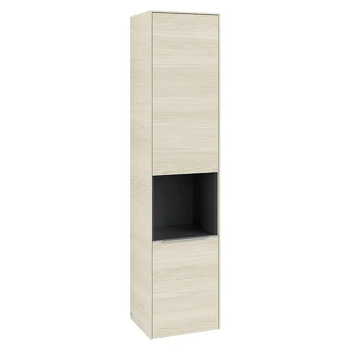 Villeroy & Boch Subway 3.0 Hochschrank - B x T x H: 40 x 36,2 x 171 cm, 1x offenes Fach, 2x Tür, White Oak, Farbe Griff: Aluminium glänzend, DIN Anschlag: Rechts - Ein moderner Hochschrank in hellem Holzdekor mit offenem Fach und Schublade, ideal für stilvolle Stauraumlösungen.
