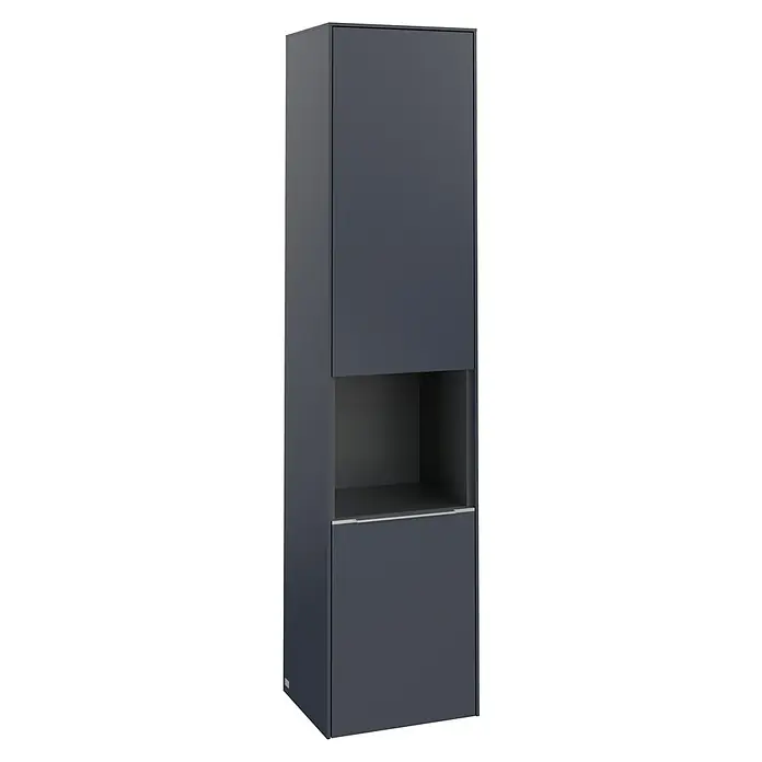 Villeroy & Boch Subway 3.0 Hochschrank - B x T x H: 40 x 36,2 x 171 cm, 1x offenes Fach, 2x Tür, Marine Blue, Farbe Griff: Aluminium glänzend, DIN Anschlag: Rechts - Ein hochformatiger grauer Badezimmerschrank mit zwei Türen und einem offenen Fach in der Mitte für Badutensilien.