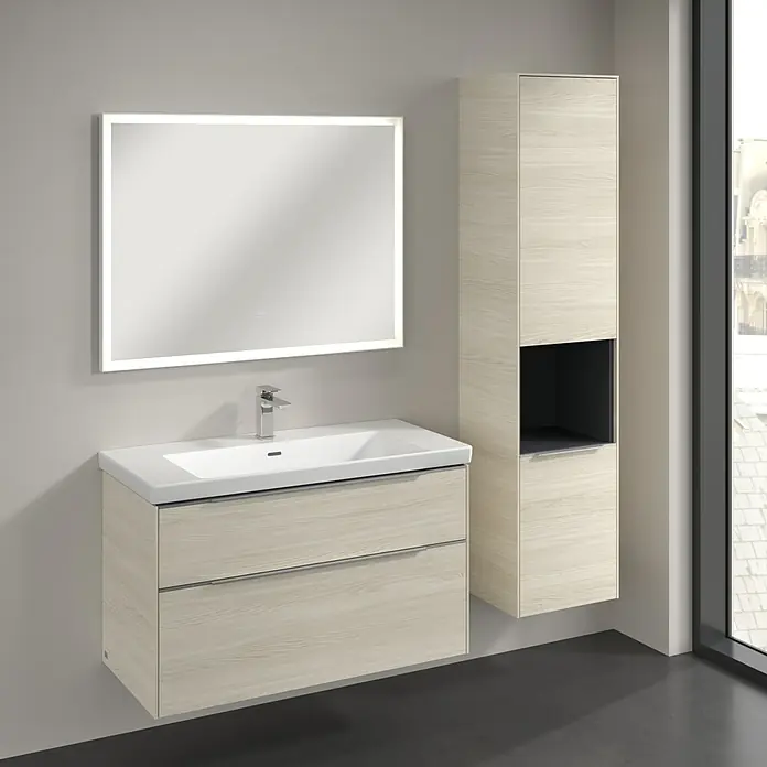 Villeroy & Boch Subway 3.0 Hochschrank - B x T x H: 40 x 36,2 x 171 cm, 1x offenes Fach, 2x Tür, White Oak, Farbe Griff: Aluminium glänzend, DIN Anschlag: Rechts - Modernes Badezimmer-Set mit Waschtischunterschrank, Spiegelschrank mit Beleuchtung und Hochschrank in Holzoptik für ein stilvolles Ambiente.