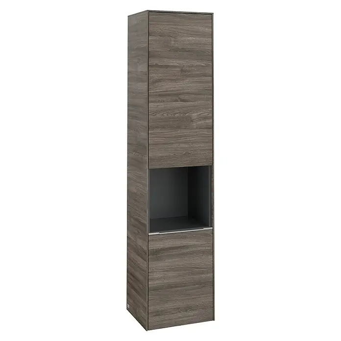 Villeroy & Boch Subway 3.0 Hochschrank - B x T x H: 40 x 36,2 x 171 cm, 1x offenes Fach, 2x Tür, Stone Oak, Farbe Griff: Aluminium glänzend, DIN Anschlag: Rechts - Eine moderne Badezimmer-Hochkommode in Holzoptik mit offenem Fach zur stilvollen Badgestaltung.