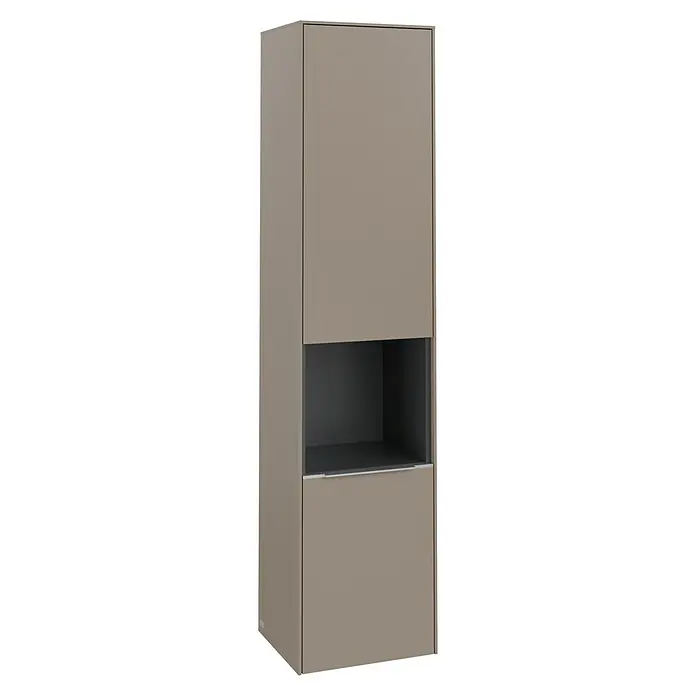 Villeroy & Boch Subway 3.0 Hochschrank - B x T x H: 40 x 36,2 x 171 cm, 1x offenes Fach, 2x Tür, Taupe, Farbe Griff: Aluminium glänzend, DIN Anschlag: Rechts - Elegantes Möbelstück mit braunen Türen und offenem Fach. Perfekt für moderne Einrichtungen und zur Aufbewahrung diverser Gegenstände.