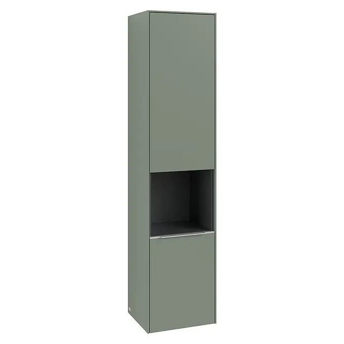 Villeroy & Boch Subway 3.0 Hochschrank - B x T x H: 40 x 36,2 x 171 cm, 1x offenes Fach, 2x Tür, Soft Green, Farbe Griff: Aluminium glänzend, DIN Anschlag: Rechts - Aufnahme eines modernen, grauen Hängeschranks mit minimalistischem Design, ideal für stilvolle Aufbewahrungslösungen im Wohnbereich.
