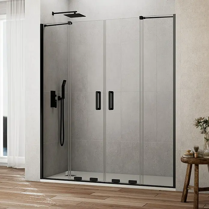 GME Mampara de ducha frontal Kenna - 141 x 195 cm, Espesor de vidrio: 8 mm, Negro - Cabina de ducha moderna con marco negro y puertas de vidrio transparente, ideal para cualquier diseño de baño.