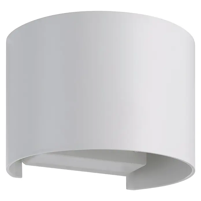 Eglo Aplique exterior LED Barcarola-E - 21,3 W, 13 x 11 x 10 cm, Blanco, IP44 - Un primer plano de una elegante lámpara de pared cilíndrica en blanco, que muestra un diseño moderno y minimalista para espacios interiores.