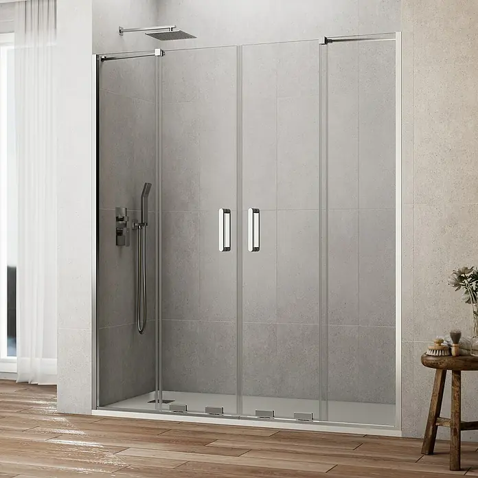 GME Mampara de ducha frontal Kenna - 161 x 195 cm, Espesor de vidrio: 8 mm, Cromo - Elegante cabina de ducha con vidrio transparente, herrajes plateados y un diseño moderno, ideal para un baño elegante.