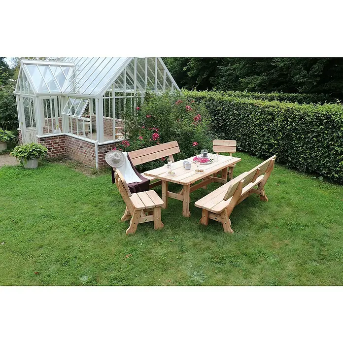 Joda Gartentisch Vogtland - L x B x H: 200 x 87 x 75 cm, Lärche, Natur - Hölzerne Picknicktischgarnitur im Garten mit Gewächshaus. Ideal für Mahlzeiten im Freien.