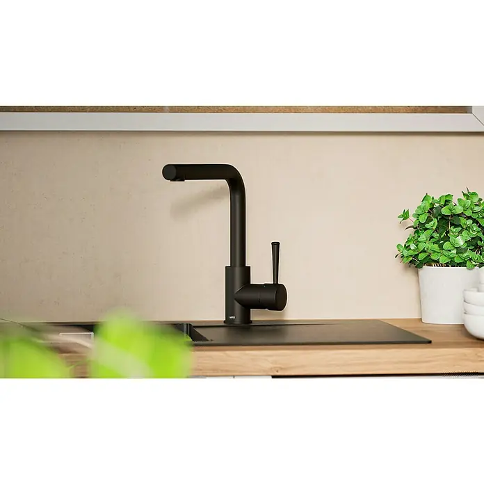 Lenz Spültischarmatur Olina - Schwarz, Matt, Höhe: 27,7 cm, Messing - Eine moderne, mattschwarze Küchenarmatur mit einem minimalistischen Design, das Funktionalität und Stil vereint.