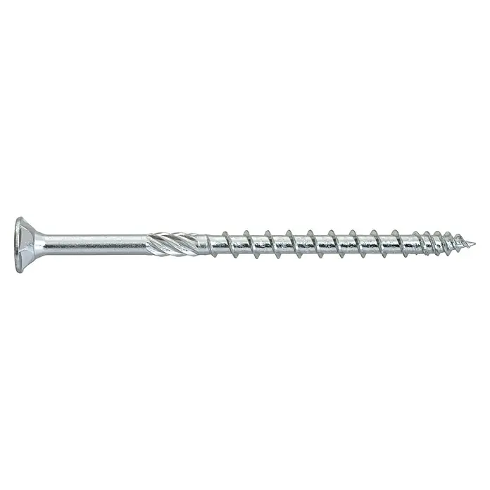 SWG Holzschraube - Ø x L: 4,5 x 80 mm, Verzinkt, Senkkopf, Gesamtstückzahl: 200 Stk. - Nahaufnahme einer einzelnen silbernen Holzschraube mit flachem Kopf und grobem Gewinde über die Länge des Schafts.