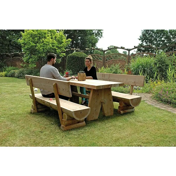 Joda Gartentisch Rustika - L x B x H: 180 x 75 x 75 cm, Lärche, Natur - Eine rustikale Gartengarnitur aus Holz, bestehend aus einem Tisch und zwei Bänken, lädt zum Verweilen im Grünen ein. Die massive Bauweise verspricht Langlebigkeit.
