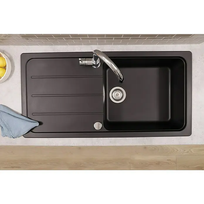Respekta Einbauspüle Austin - 100 x 50 cm, Schwarz, Anzahl Becken: 1 Stk. - Schwarze Küchenspüle mit Abtropffläche, moderner Wasserhahn und Spülmittelspender für eine stilvolle und funktionale Küchenausstattung.