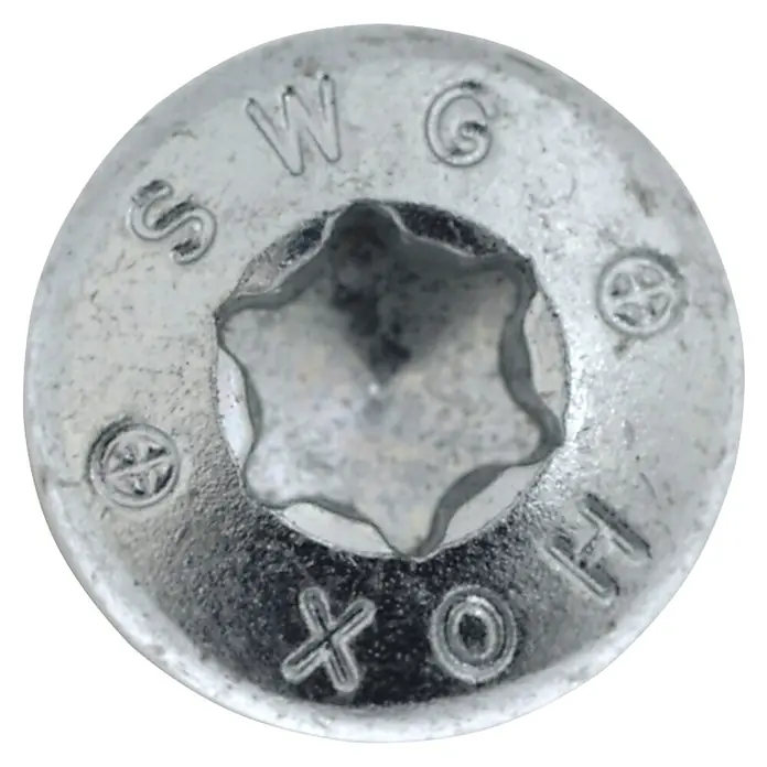 SWG Holzschraube - Ø x L: 5 x 40 mm, Verzinkt, Linsenkopf, Gesamtstückzahl: 200 Stk. - Nahaufnahme einer Schraube mit Torx-Antrieb und diversen Beschriftungen auf dem Schraubenkopf.