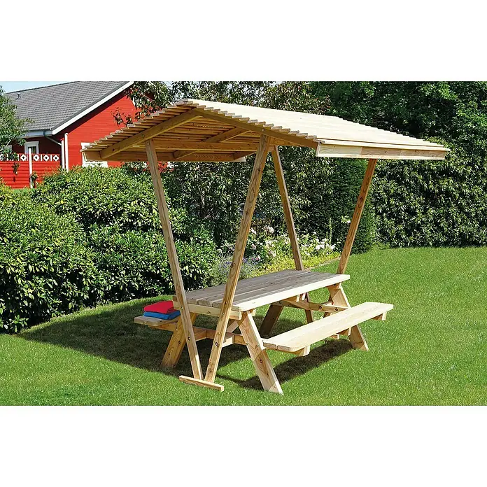 Joda Dachmodul Weser - L x B: 209 x 212 cm, Holz, Natur, Satteldach - Freistehende Picknicktischgarnitur aus hellem Holz mit überdachtem Sonnenschutz im Garten.