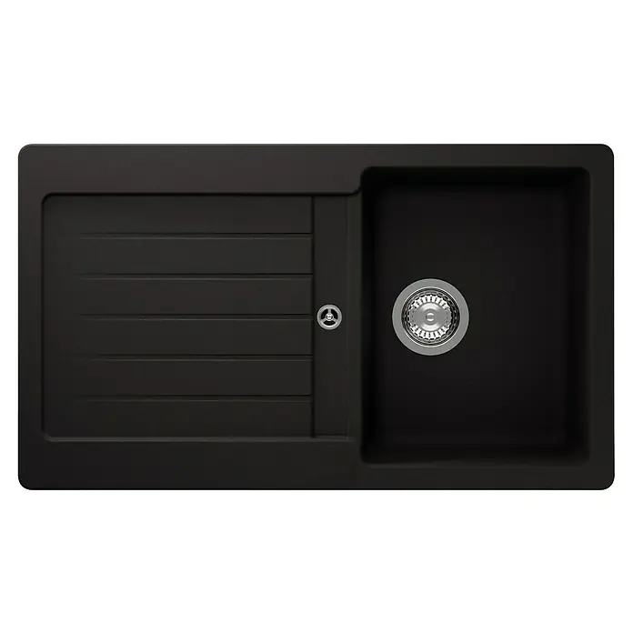Respekta Einbauspüle Austin - 86 x 50 cm, Schwarz, Anzahl Becken: 1 Stk. - Schwarze Küchenspüle mit Abtropffläche und einem edelstahlfarbenen Abfluss, die Funktionalität und elegantes Design vereint.