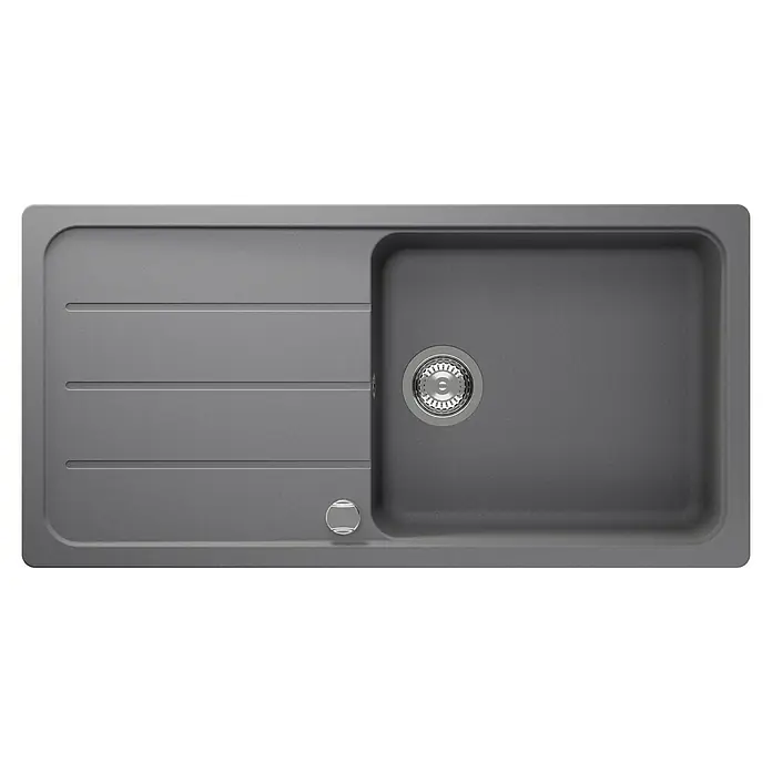 Respekta Einbauspüle Austin - 100 x 50 cm, Grau, Anzahl Becken: 1 Stk. - Nahaufnahme einer grauen Spüle mit Abfluss und Abtropffläche. Das elegante Design bietet Funktionalität und Ästhetik für jede Küche.