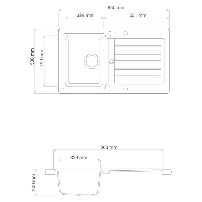 Respekta Einbauspüle Austin - 86 x 50 cm, Vanille, Anzahl Becken: 1 Stk. - Abbildung einer Spüle mit den Maßen 860 mm Breite, 500 mm Höhe und einer Beckentiefe von 200 mm.