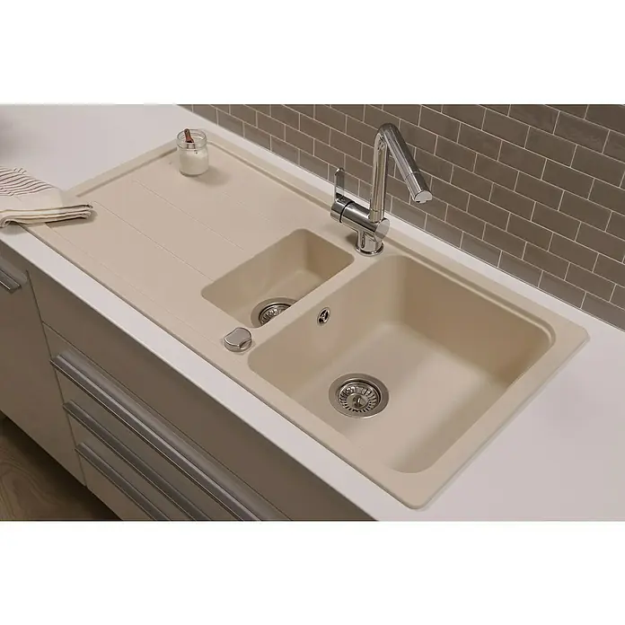 Respekta Einbauspüle Austin - 100 x 50 cm, Vanille, Anzahl Becken: 1,5 Stk. - Spülbecken mit Abtropffläche und Hahn. Das helle Spülbecken ist mit zwei Becken und einem modernen Chromhahn ausgestattet, ideal für jede Küche.